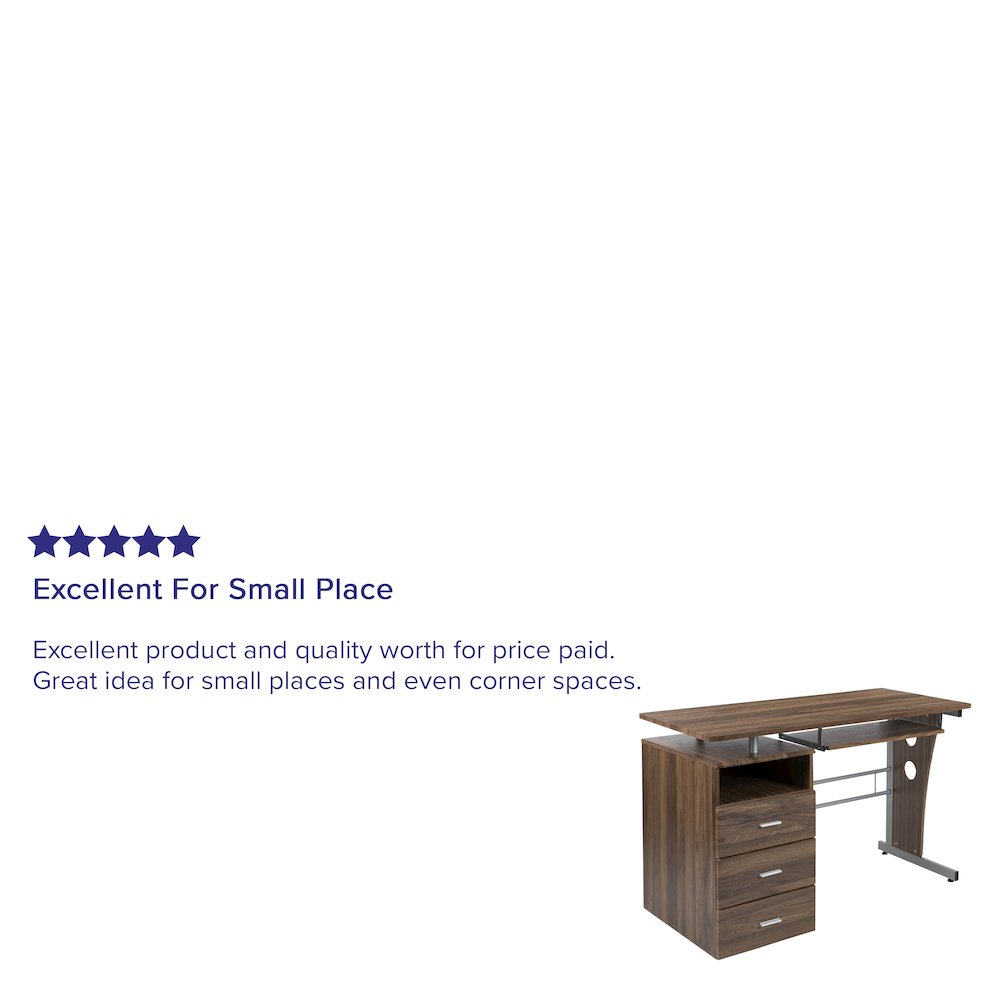 Rustic Walnut Desk with Three Drawer Pedestal and Pull-Out Keyboard Tray. Picture 4