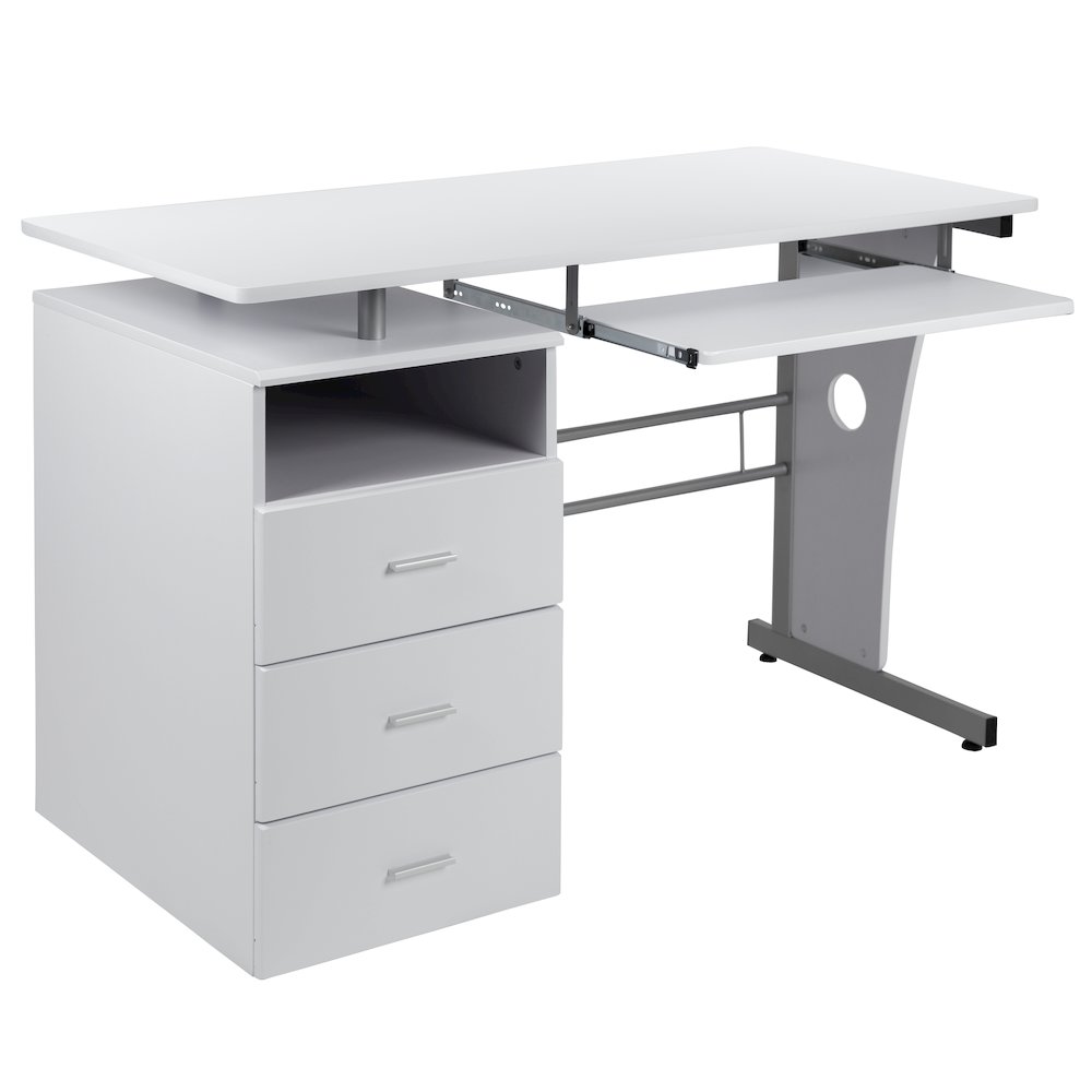 White Desk with Three Drawer Pedestal and Pull-Out Keyboard Tray. Picture 9
