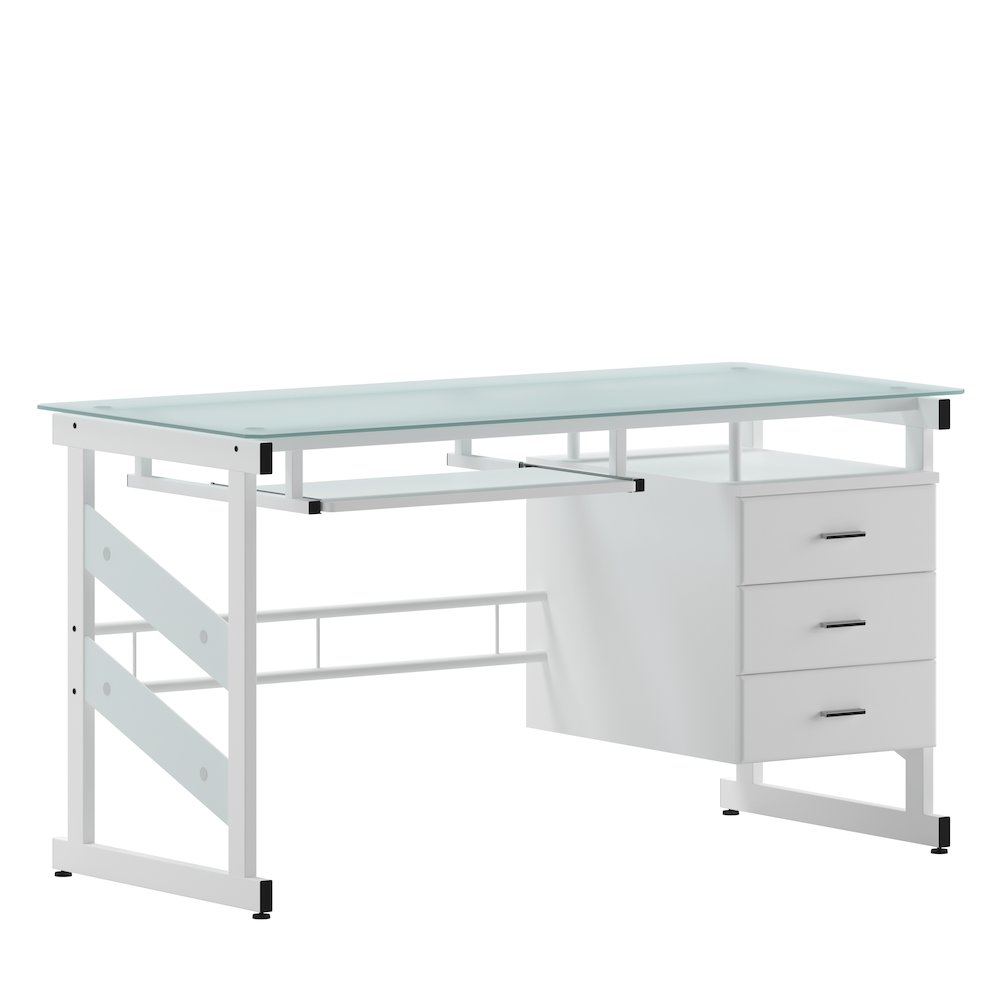 White Computer Desk with Frosted Glass Top and Three Drawer Pedestal. Picture 1