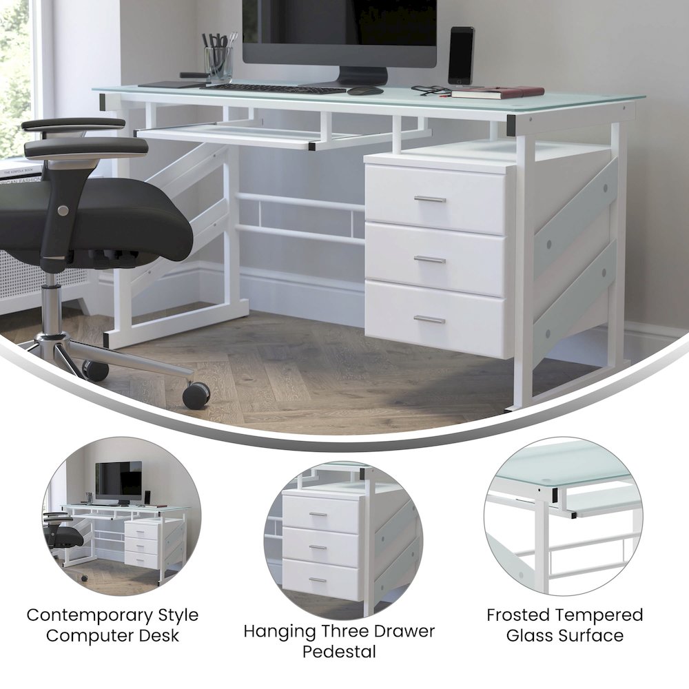 White Computer Desk with Frosted Glass Top and Three Drawer Pedestal. Picture 4