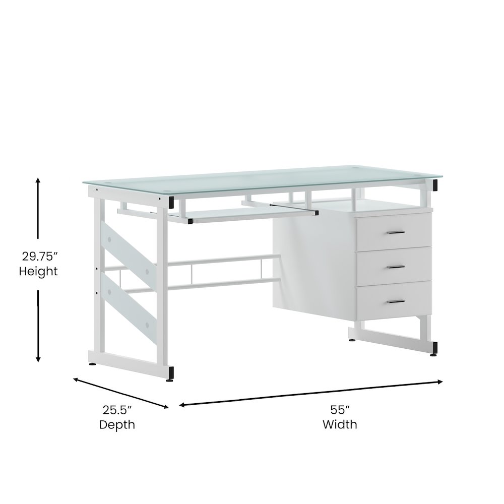 White Computer Desk with Frosted Glass Top and Three Drawer Pedestal. Picture 5