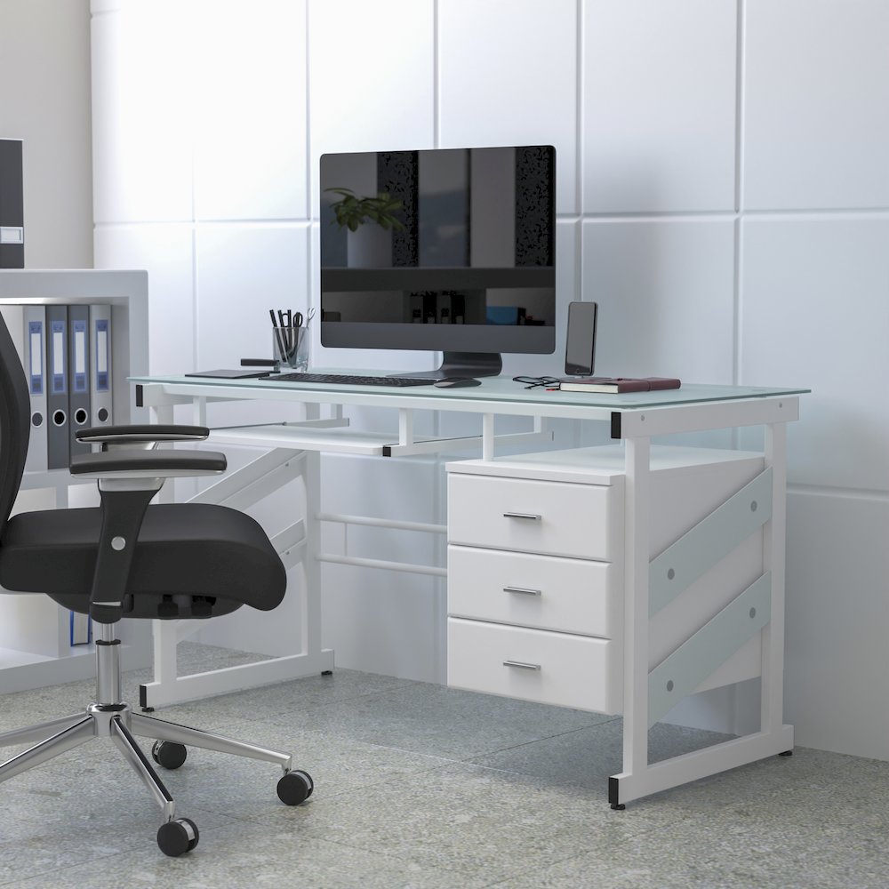 White Computer Desk with Frosted Glass Top and Three Drawer Pedestal. Picture 2
