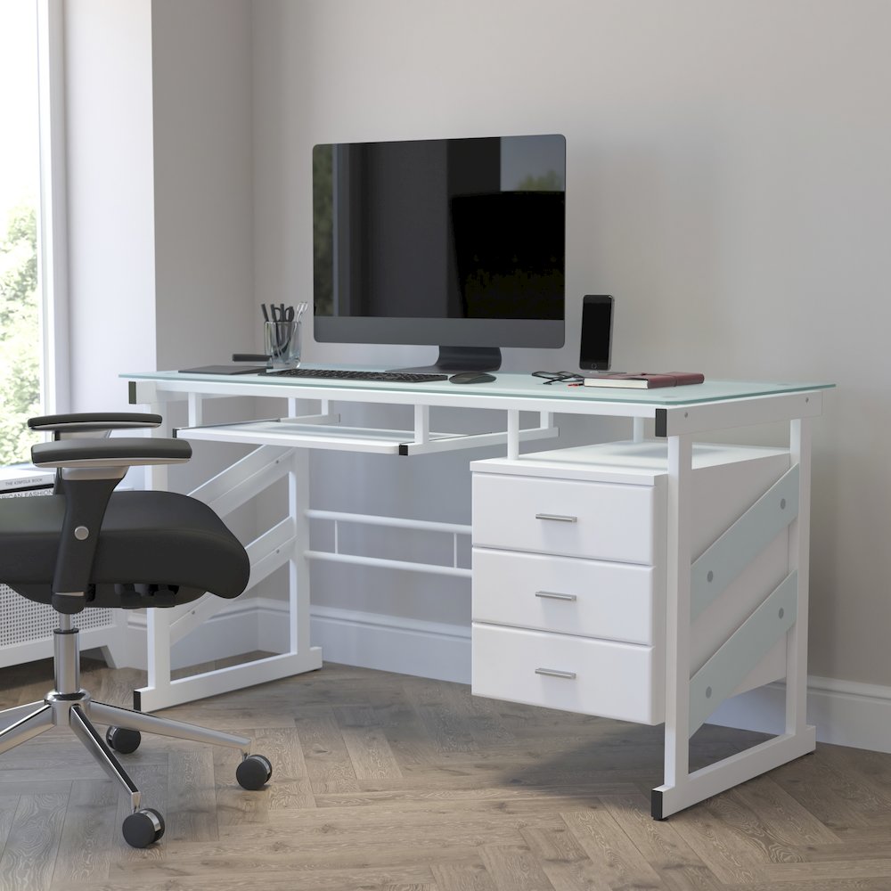 White Computer Desk with Frosted Glass Top and Three Drawer Pedestal. Picture 6