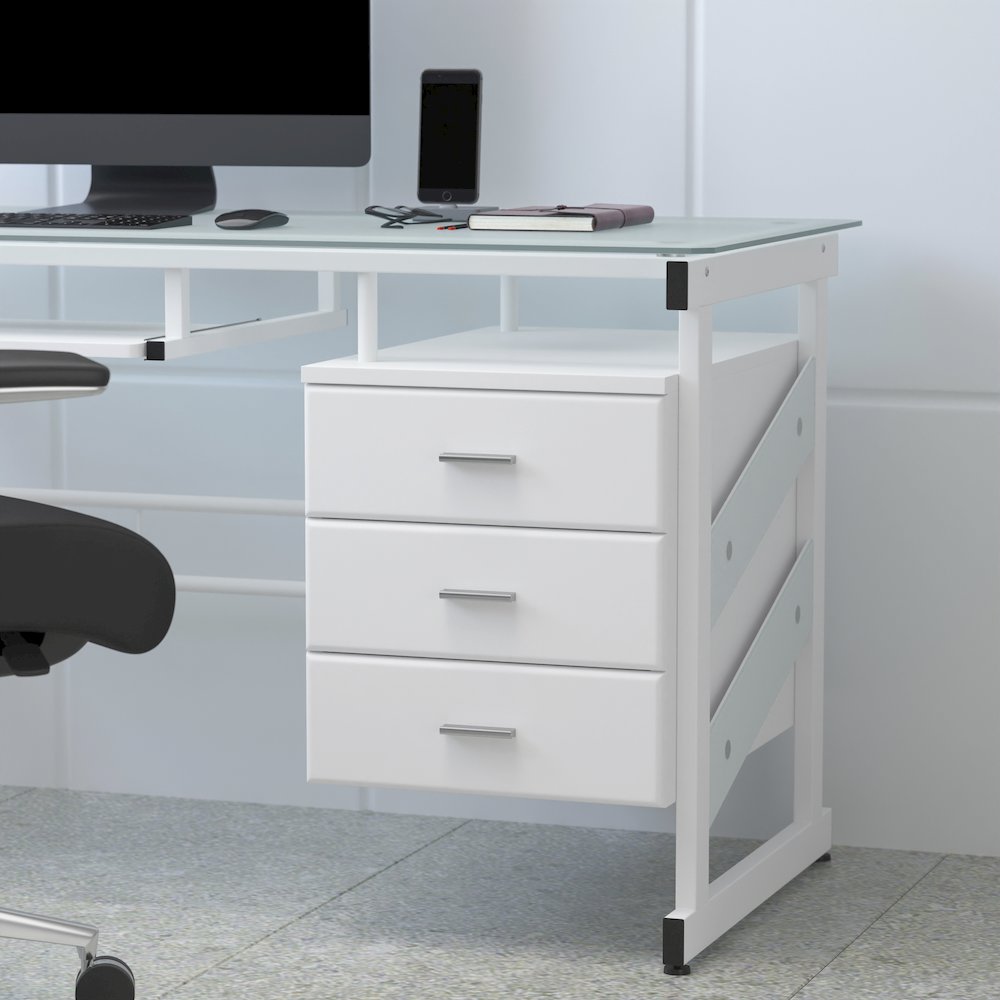 White Computer Desk with Frosted Glass Top and Three Drawer Pedestal. Picture 7