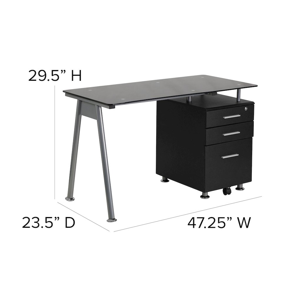 Black Glass Computer Desk with Three Drawer Pedestal. Picture 5