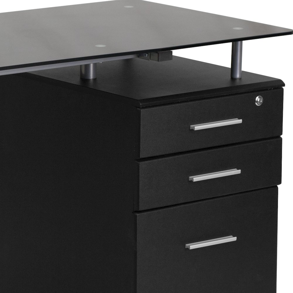 Black Glass Computer Desk with Three Drawer Pedestal. Picture 7