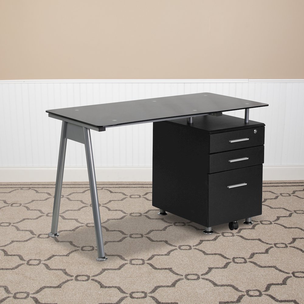 Black Glass Computer Desk with Three Drawer Pedestal. Picture 2