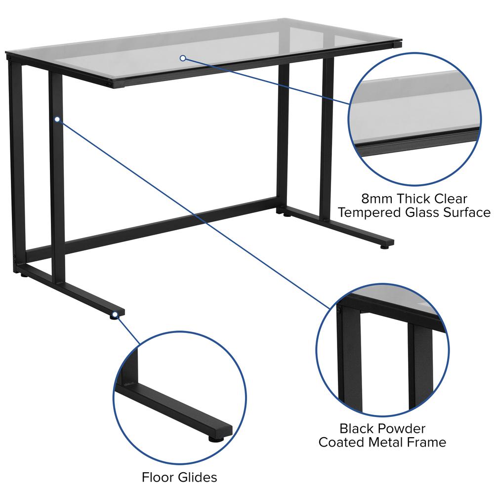 Glass Desk with Black Pedestal Metal Frame. Picture 4