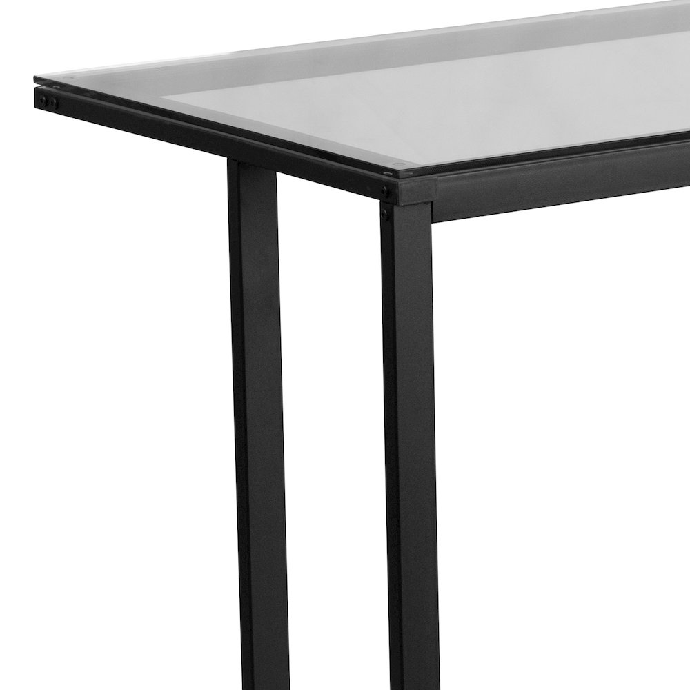 Glass Desk with Black Pedestal Metal Frame. Picture 9
