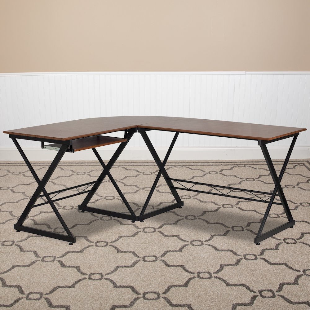 Teakwood Laminate L-Shape Computer Desk with Pull-Out Keyboard Tray. Picture 2