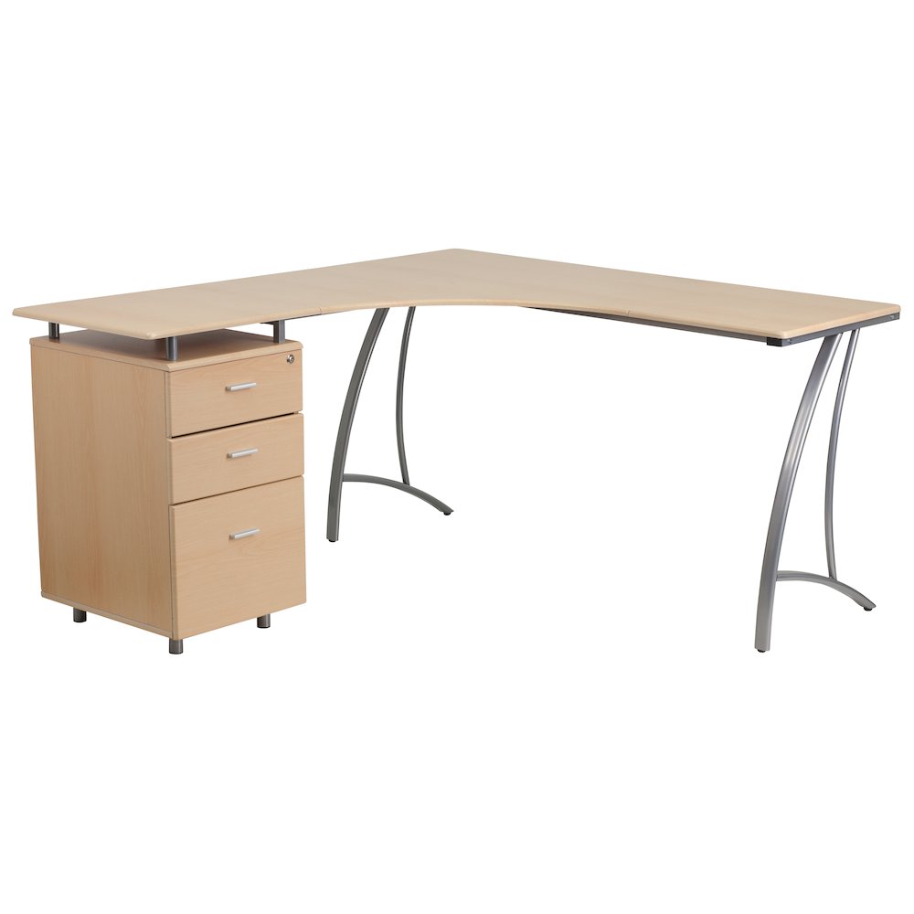 Beech Laminate L-Shape Desk with Three Drawer Pedestal. Picture 1