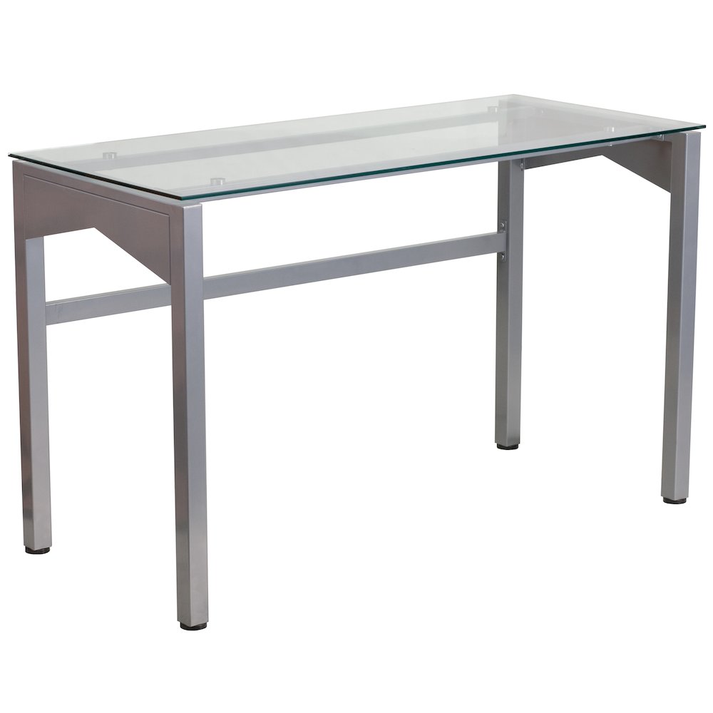 Contemporary Clear Tempered Glass Desk with Geometric Sides. Picture 1