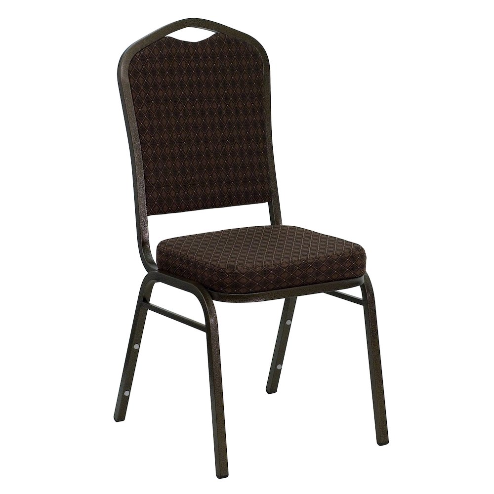 Crown Back Stacking Banquet Chair in Brown Patterned Fabric - Gold Vein Frame. Picture 1