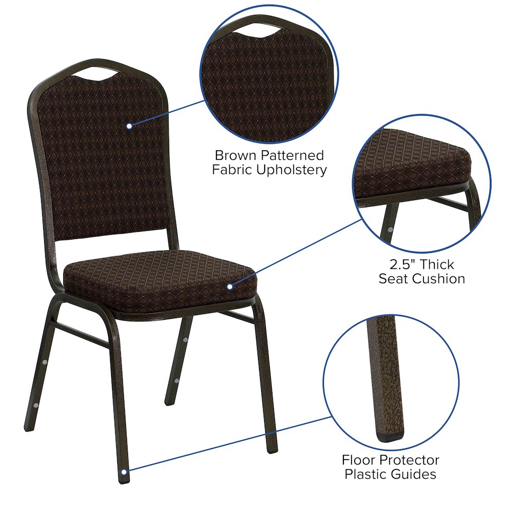 Crown Back Stacking Banquet Chair in Brown Patterned Fabric - Gold Vein Frame. Picture 5