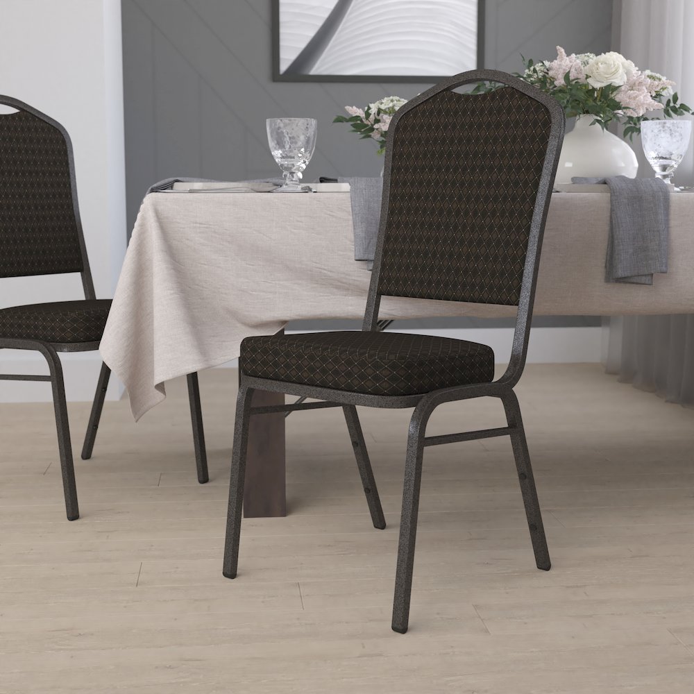 Crown Back Stacking Banquet Chair in Brown Patterned Fabric - Gold Vein Frame. Picture 2