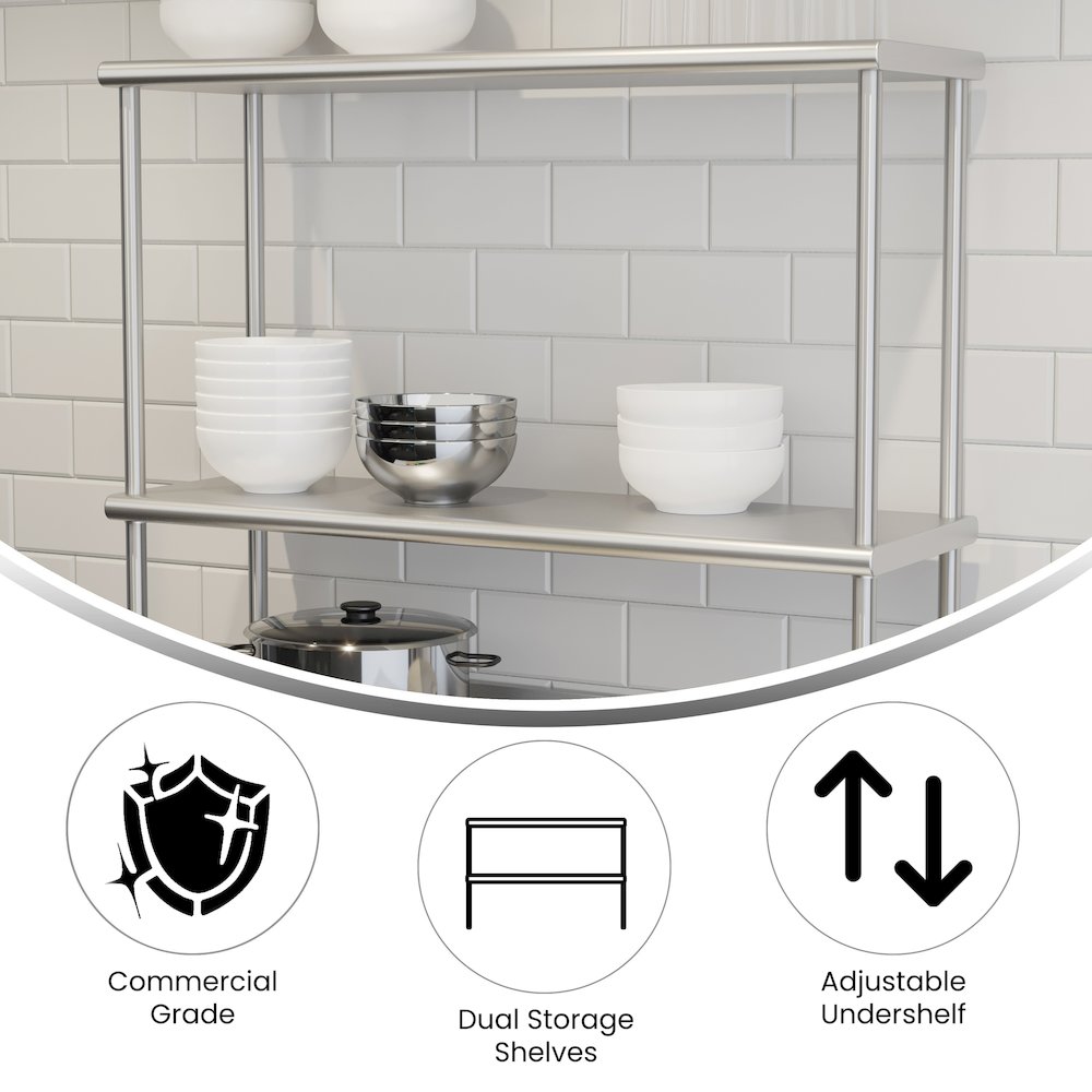 430 Stainless Steel 18 Gauge 36" x 12" Metal Kitchen Double Overshelf. Picture 4