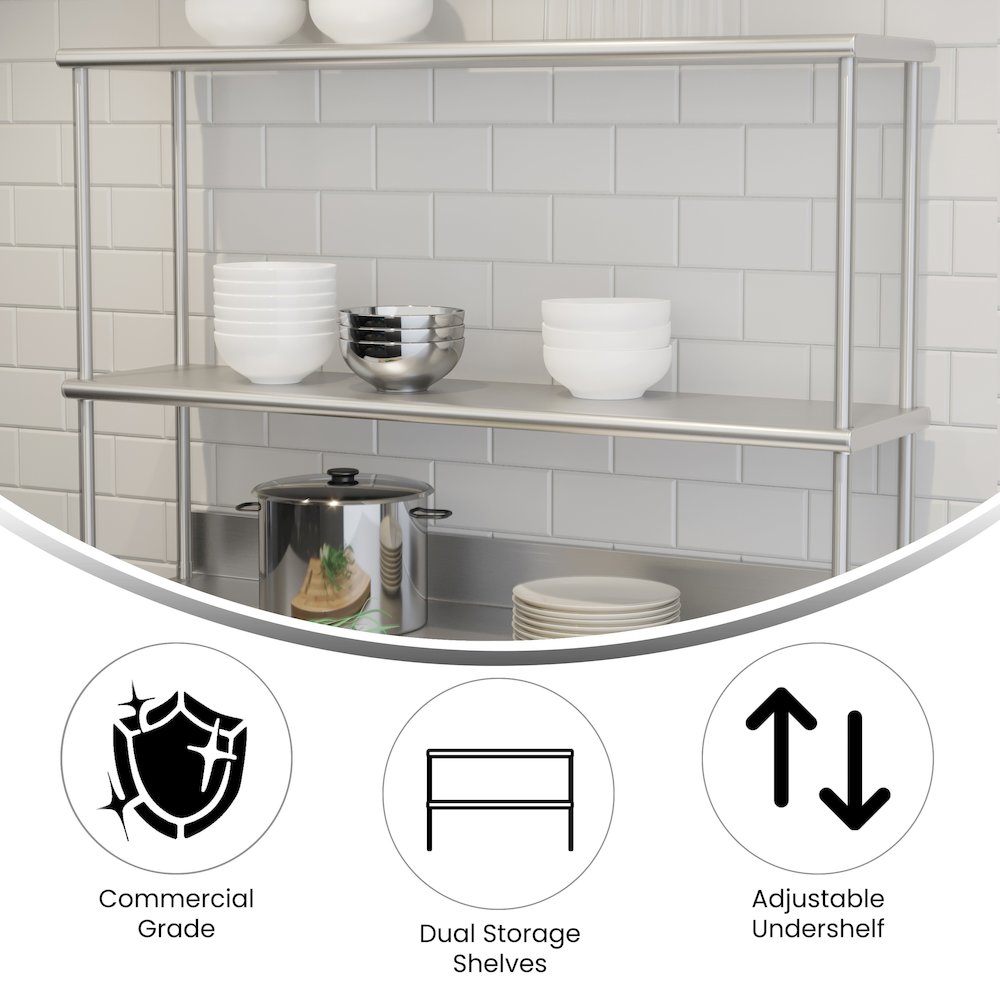 430 Stainless Steel 18 Gauge 48" x 12" Metal Kitchen Double Overshelf. Picture 4