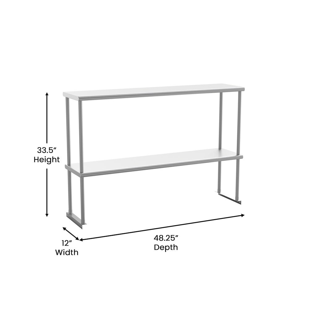 430 Stainless Steel 18 Gauge 48" x 12" Metal Kitchen Double Overshelf. Picture 5
