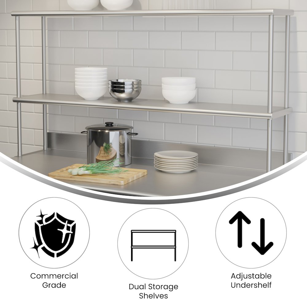 430 Stainless Steel 18 Gauge 60" x 12" Metal Kitchen Double Overshelf. Picture 4