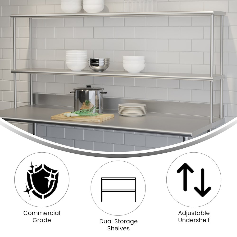 430 Stainless Steel 18 Gauge 72" x 12" Metal Kitchen Double Overshelf. Picture 4