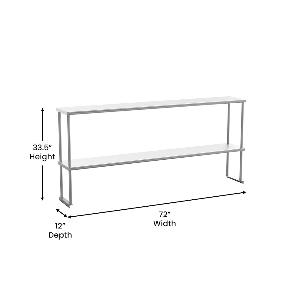 430 Stainless Steel 18 Gauge 72" x 12" Metal Kitchen Double Overshelf. Picture 5