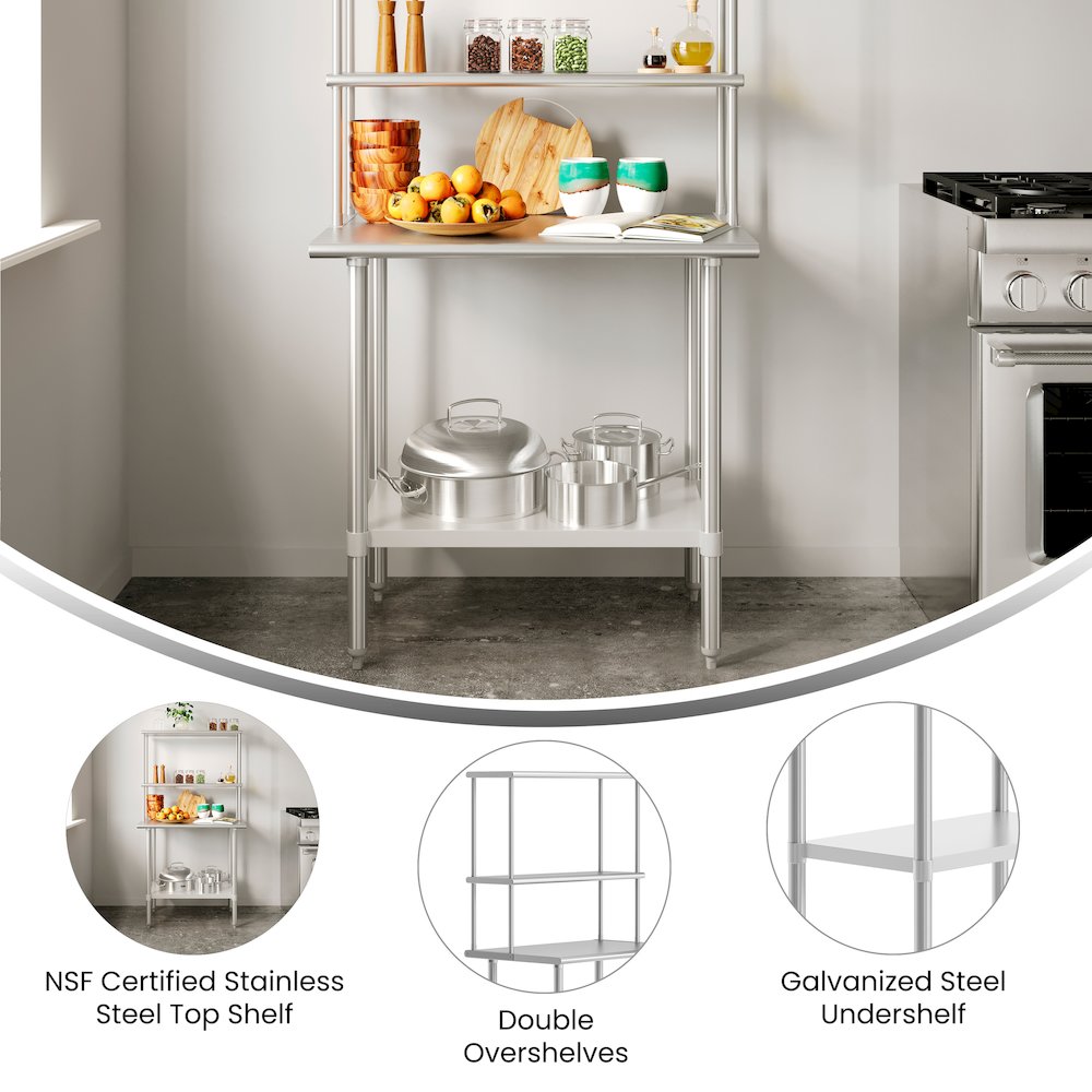 24x36 Portable Prep, Work Table with Top Shelf, Double Overshelves, Undershelf. Picture 2