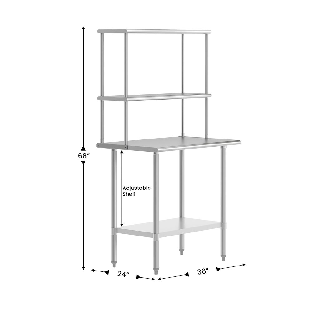 24x36 Portable Prep, Work Table with Top Shelf, Double Overshelves, Undershelf. Picture 4