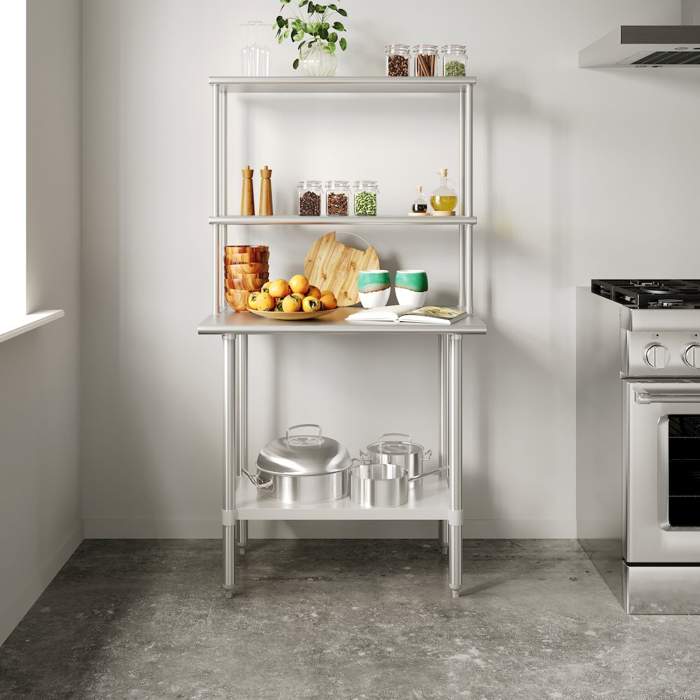 24x36 Portable Prep, Work Table with Top Shelf, Double Overshelves, Undershelf. Picture 3