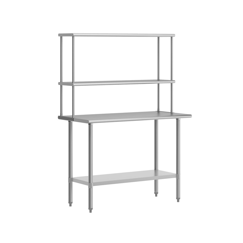 Portable Prep and Work Table with Top Shelf, Double Overshelves and Undershelf. Picture 1