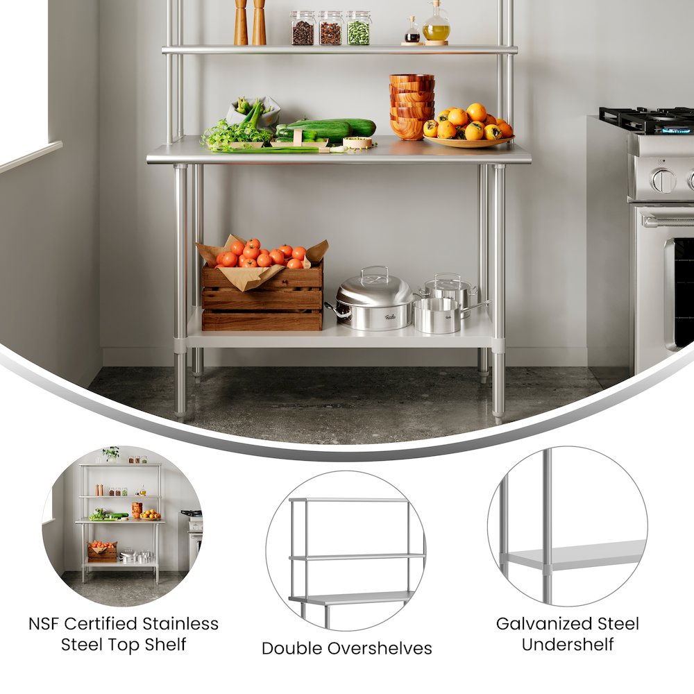Portable Prep and Work Table with Top Shelf, Double Overshelves and Undershelf. Picture 4