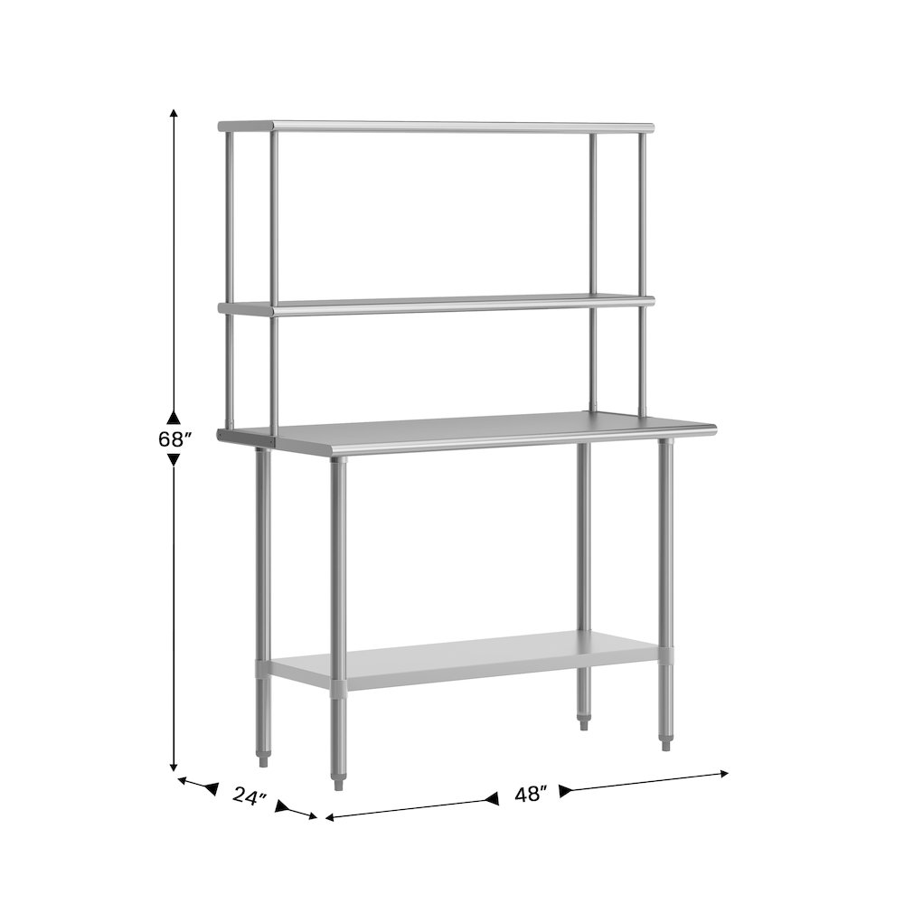 Portable Prep and Work Table with Top Shelf, Double Overshelves and Undershelf. Picture 5