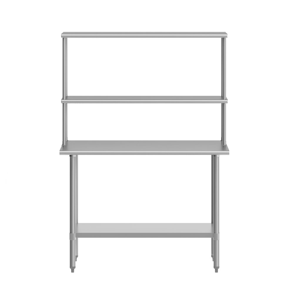 Portable Prep and Work Table with Top Shelf, Double Overshelves and Undershelf. Picture 9