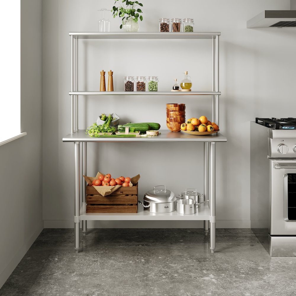 Portable Prep and Work Table with Top Shelf, Double Overshelves and Undershelf. Picture 3