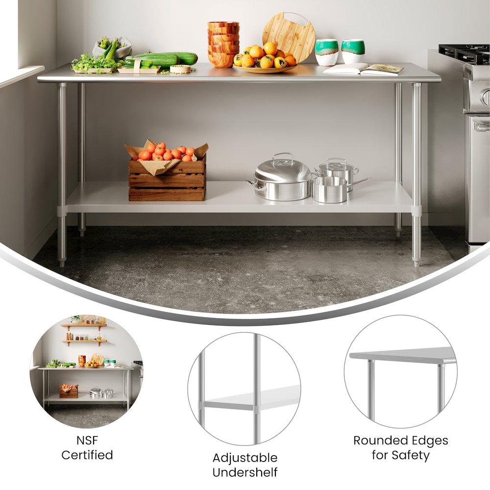24x72 Portable Prep and Work Table with Top Shelf and Adjustable Undershelf. Picture 2
