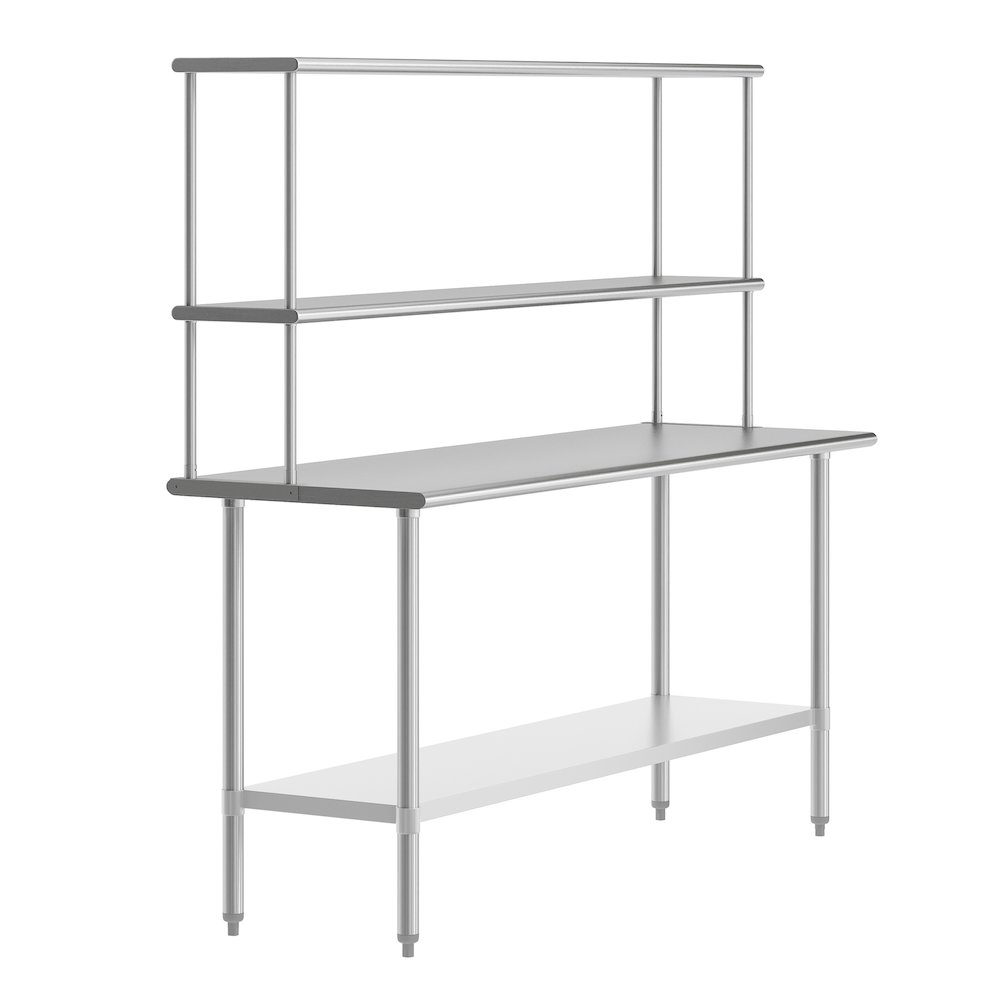 24x72 Portable Prep, Work Table with Top Shelf, Double Overshelves, Undershelf. Picture 1