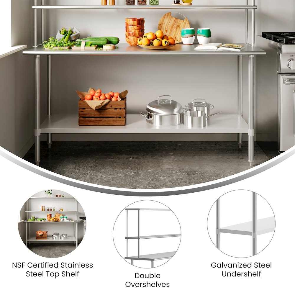 24x72 Portable Prep, Work Table with Top Shelf, Double Overshelves, Undershelf. Picture 2