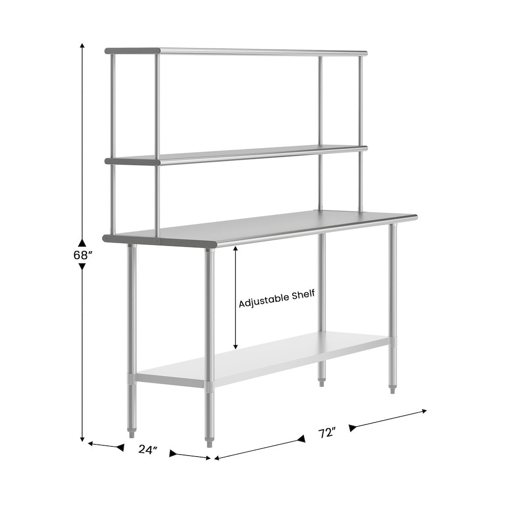 24x72 Portable Prep, Work Table with Top Shelf, Double Overshelves, Undershelf. Picture 4