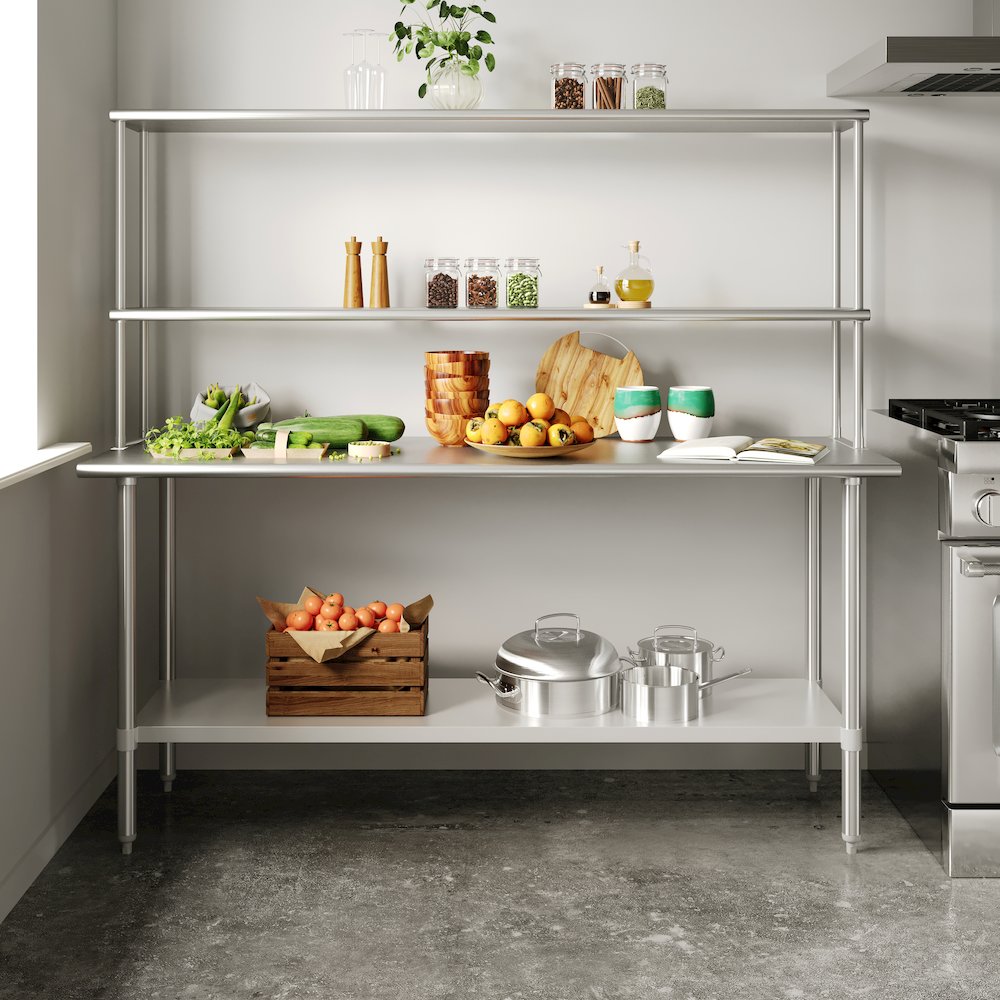 24x72 Portable Prep, Work Table with Top Shelf, Double Overshelves, Undershelf. Picture 3