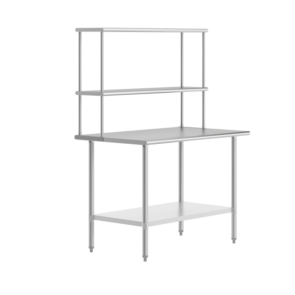 30x48 Portable Prep, Work Table with Top Shelf, Double Overshelves, Undershelf. Picture 1