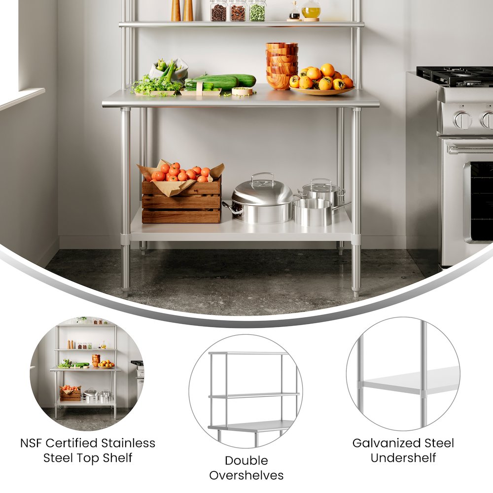 30x48 Portable Prep, Work Table with Top Shelf, Double Overshelves, Undershelf. Picture 2