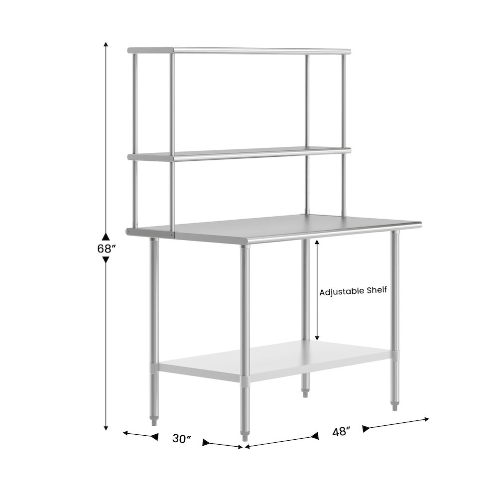 30x48 Portable Prep, Work Table with Top Shelf, Double Overshelves, Undershelf. Picture 4