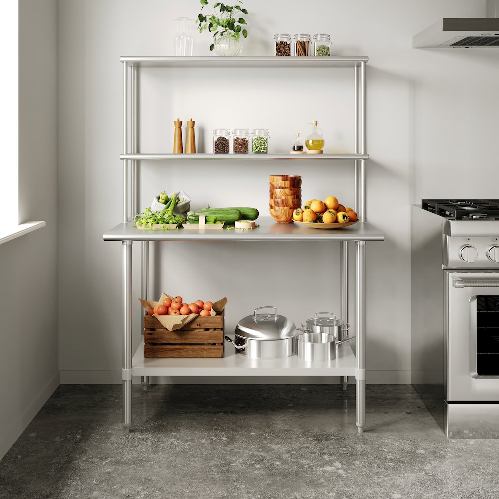 30x48 Portable Prep, Work Table with Top Shelf, Double Overshelves, Undershelf. Picture 3