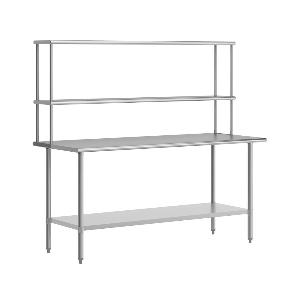 Portable Prep and Work Table with Top Shelf, Double Overshelves and Undershelf. Picture 1