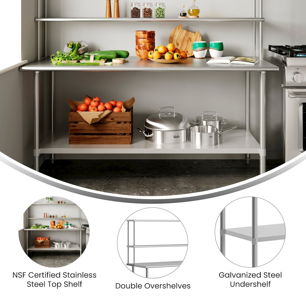 Portable Prep and Work Table with Top Shelf, Double Overshelves and Undershelf. Picture 4