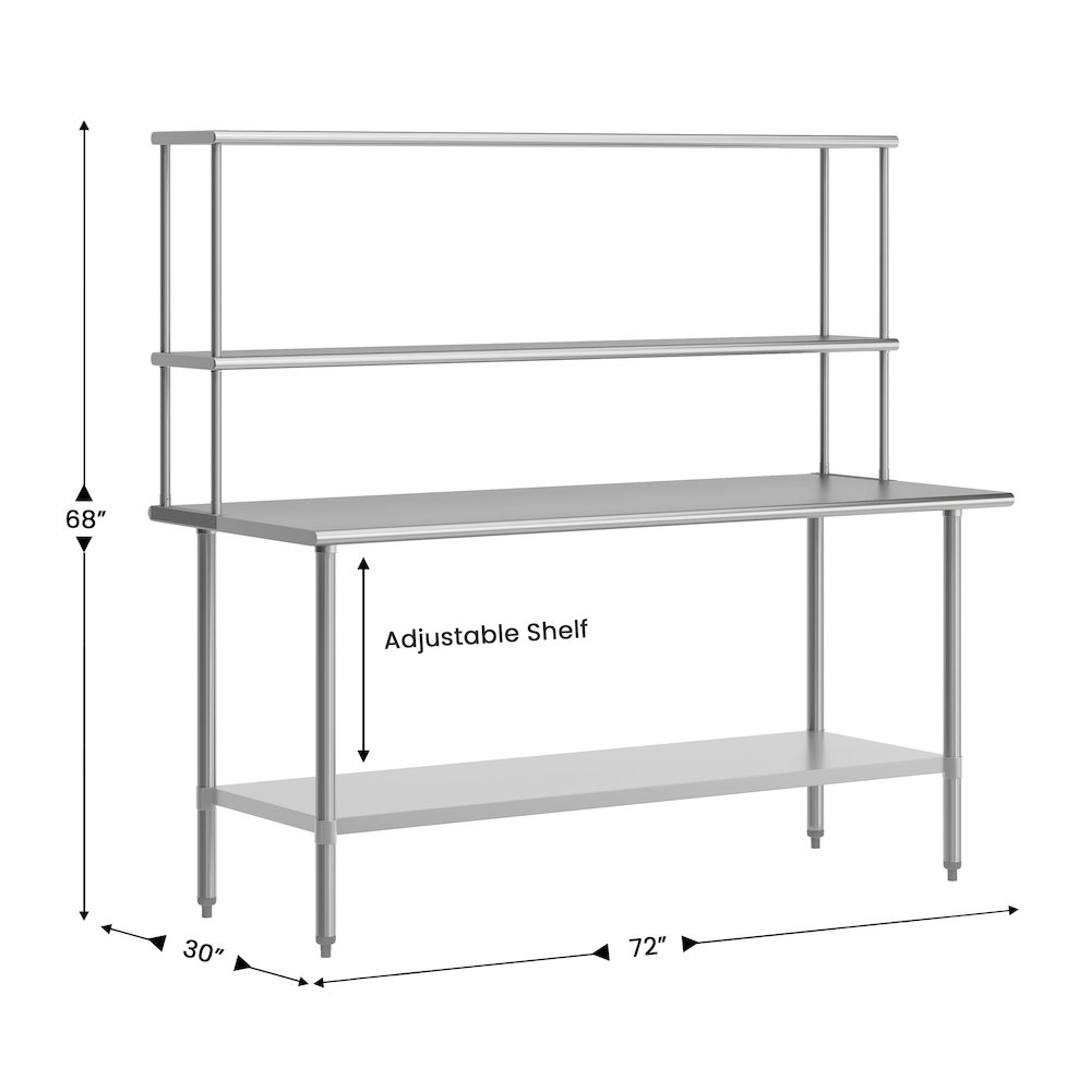 Portable Prep and Work Table with Top Shelf, Double Overshelves and Undershelf. Picture 5