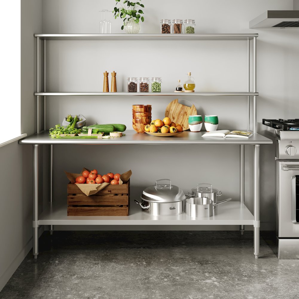 Portable Prep and Work Table with Top Shelf, Double Overshelves and Undershelf. Picture 3