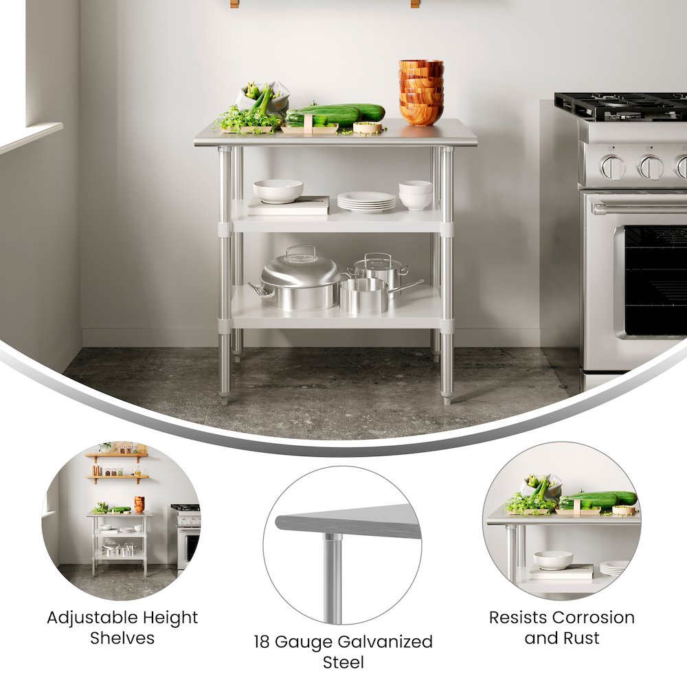24x36 Portable Prep and Work Table with Top Shelf and 2 Adjustable Undershelves. Picture 2