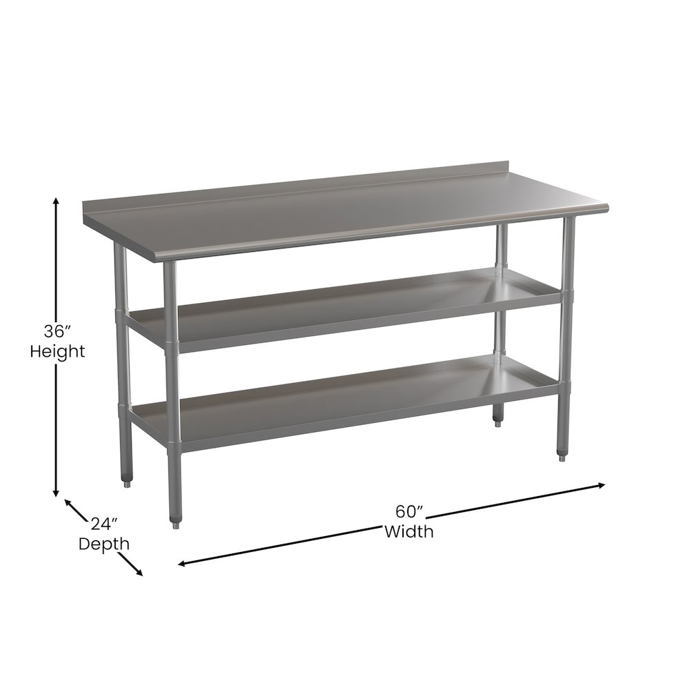 Stainless Steel 18 Gauge Work Table with 1.5" Backsplash and 2 Undershelves. Picture 5