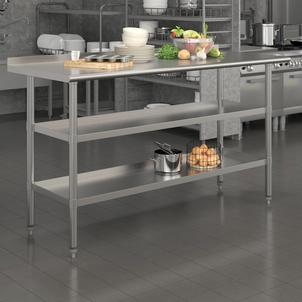 Stainless Steel 18 Gauge Work Table with 1.5" Backsplash and 2 Undershelves. Picture 2