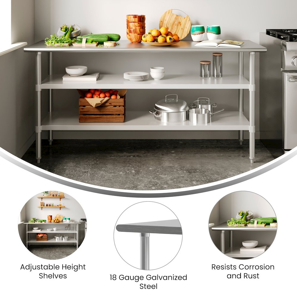 24x72 Portable Prep and Work Table with Top Shelf and 2 Adjustable Undershelves. Picture 2